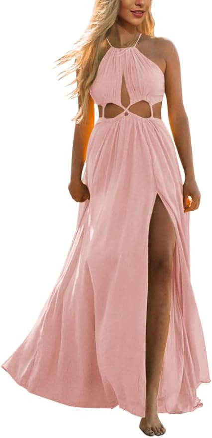 Womens Cutout Halter Tie Maxi Dress Flowy Boho Beach Summer Sexy Midi Dress Side Slit Long Dresse... | Amazon (US)