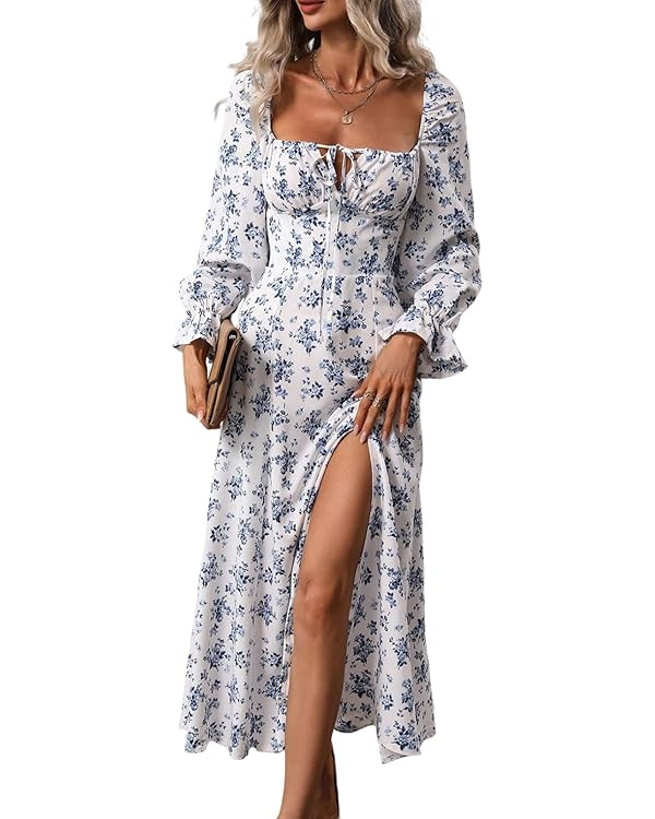 BLENCOT Women's Floral Print Puff Long Sleeve Maxi Dress Sexy Square Neck Tie Front Ruffle Hem Sp... | Amazon (US)