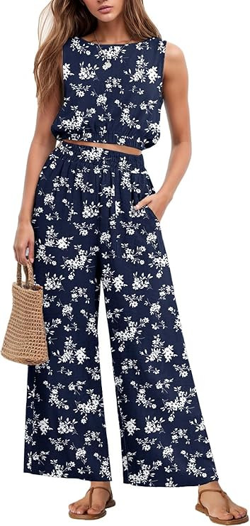 GRECERELLE Two Piece Sets for Women Sleeveless Crop Top Wide Leg Pants Sweat Set for Women Tracks... | Amazon (US)