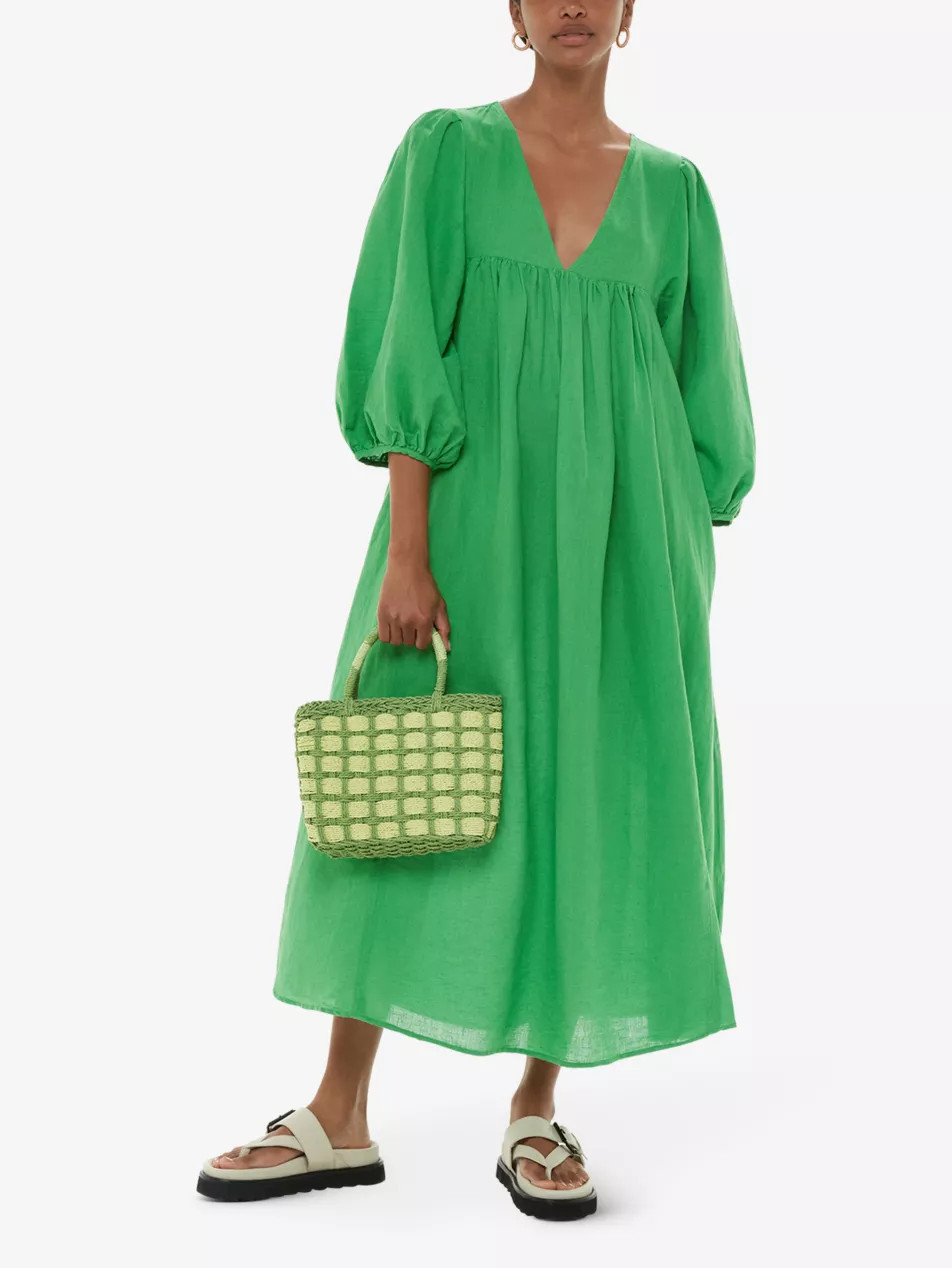 Gloria balloon-sleeve relaxed-fit linen-cotton blend midi dress | Selfridges