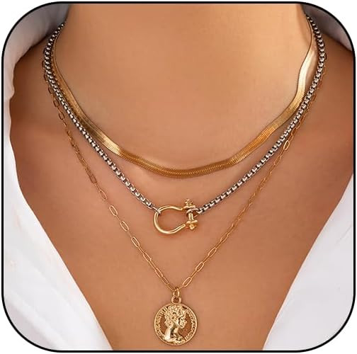 Gold Layered Necklace for Women Stacked Chain Link Paperclip Necklace Statement Punk Jewelry | Amazon (US)