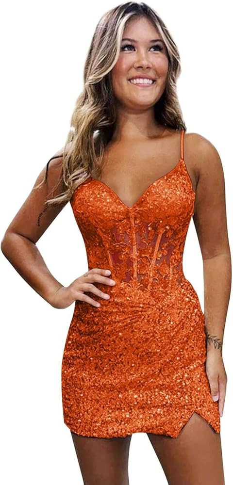 Loyeloy Short Homecoming Dresses for Teens 2025 V Neck Sparkly Sequin Applique Prom Evening Gowns | Amazon (US)