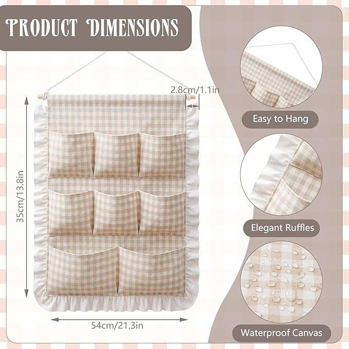 Wall Hanging Organizer with Pockets Over Door Storage Bag Ruffled Beige Gingham Cotton Wall Mount... | Amazon (US)