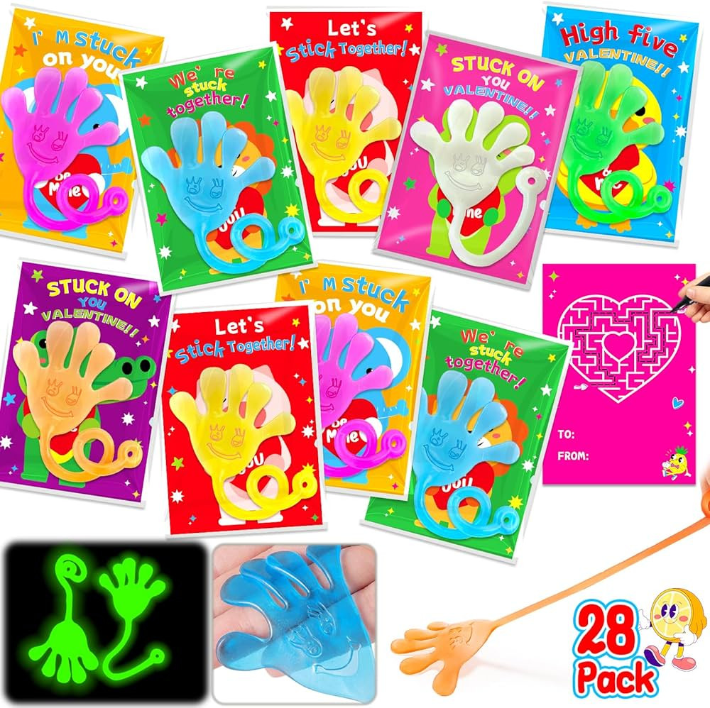28Pack Glow In Dark Sticky Hands Toys With Valentine’s Greeting Cards For Kids Valentines Party... | Amazon (US)