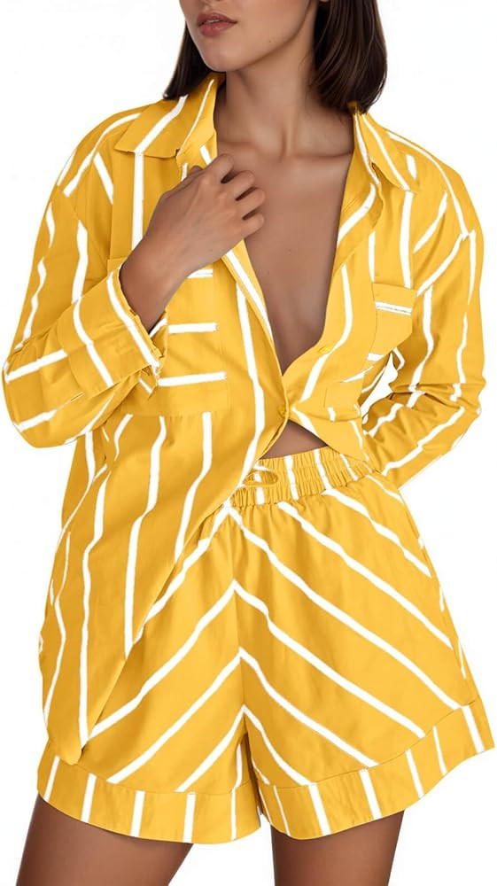 Tankaneo Womens Striped 2 Piece Outfits Button Down Shirts and Shorts Lounge Matching Sets | Amazon (US)