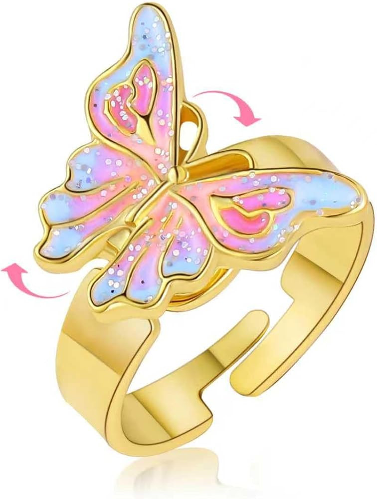 Butterfly Spinning Rings for Kids 18K Real Gold Plated Adjustable Fidget Rings for Anxiety Mood R... | Amazon (US)