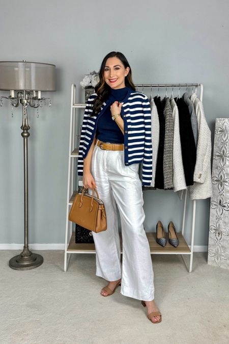 Classy spring outfit 💙🤍

Blue and white striped cardigan size small, TTS
Navy sleeveless mock neck top size small, TTS
White linen high rise wide leg pants 27 curve love, TTS
Tan ankle strap sandals (linked similar)

Preppy style 
Linen pants 
Coastal grandmother 

#LTKSeasonal #LTKsalealert #LTKstyletip