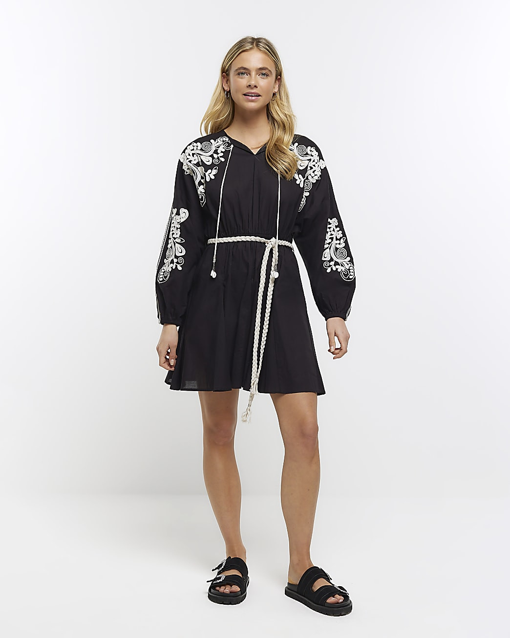 Black embroidered smock mini dress | River Island (UK & IE)