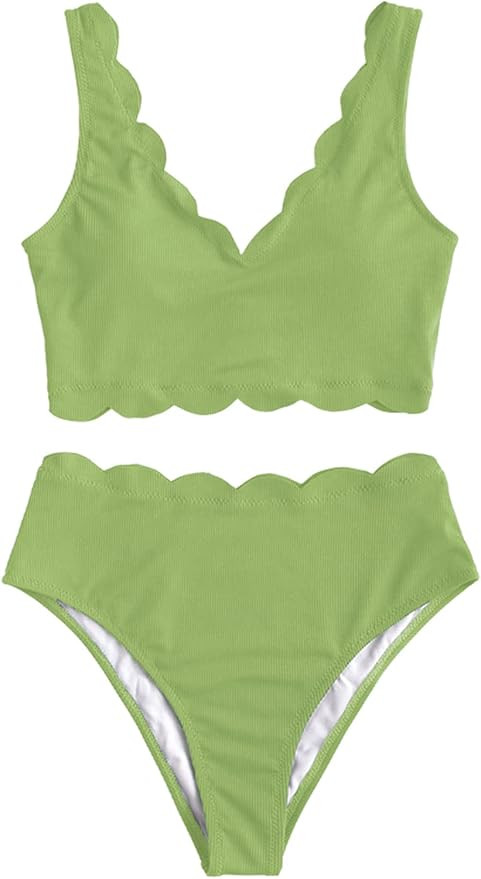 ZAFUL High Waisted Swimsuits for Women Scalloped Bikini Sets Back Lace-Up Tankini Sets Tummy Cont... | Amazon (US)