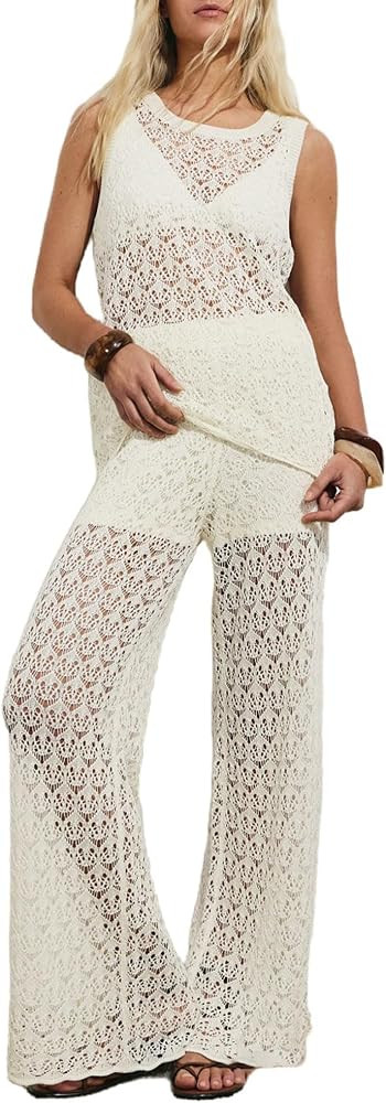 Crochet 2 Piece Pant Sets for Women Hollow Sleeveless Tops and Pants Casual Vacation Outfits | Amazon (US)