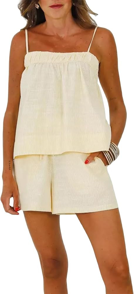 RUEWEY Women's Y2K Striped Pajama Set Sleeveless Spaghetti Straps Cami Tops Shorts Matching Pj Se... | Amazon (US)