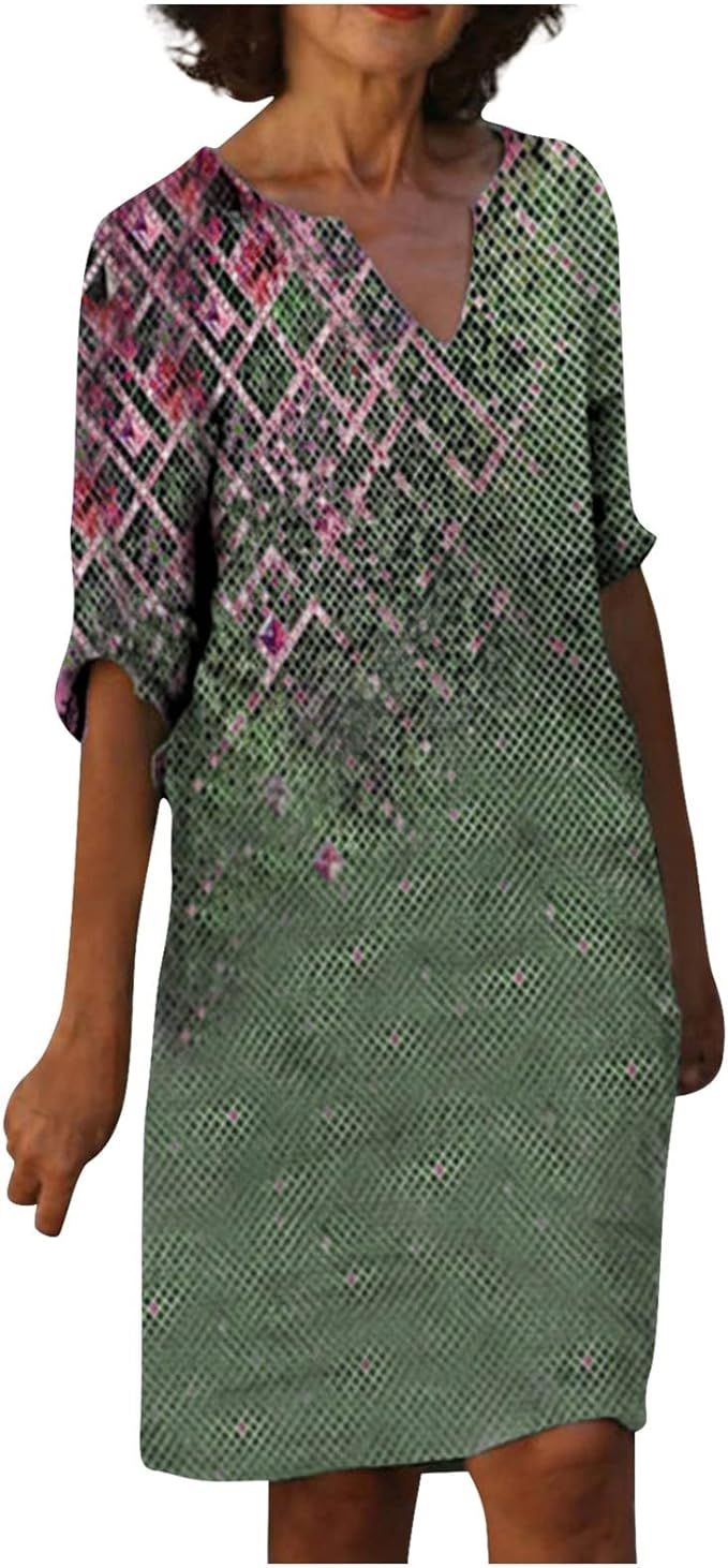 Women's Spring Dresses 2023 Fashion Summer New Trend Positioning Print V-Neck Short Sleeve Dress ... | Amazon (US)