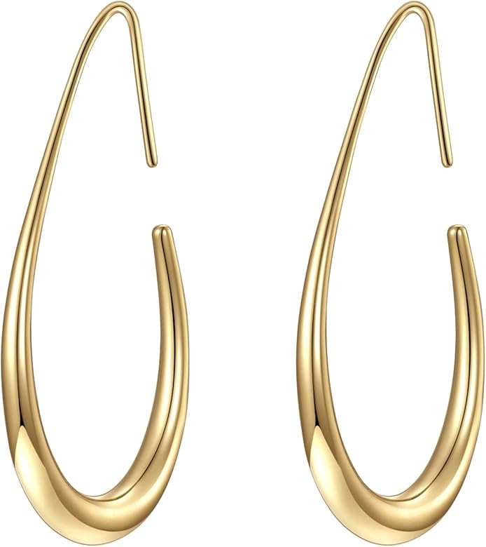 Lightweight Teardrop Hoop Earrings for Women - 14k Gold/White Gold Plated Large Oval Pull Through... | Amazon (US)