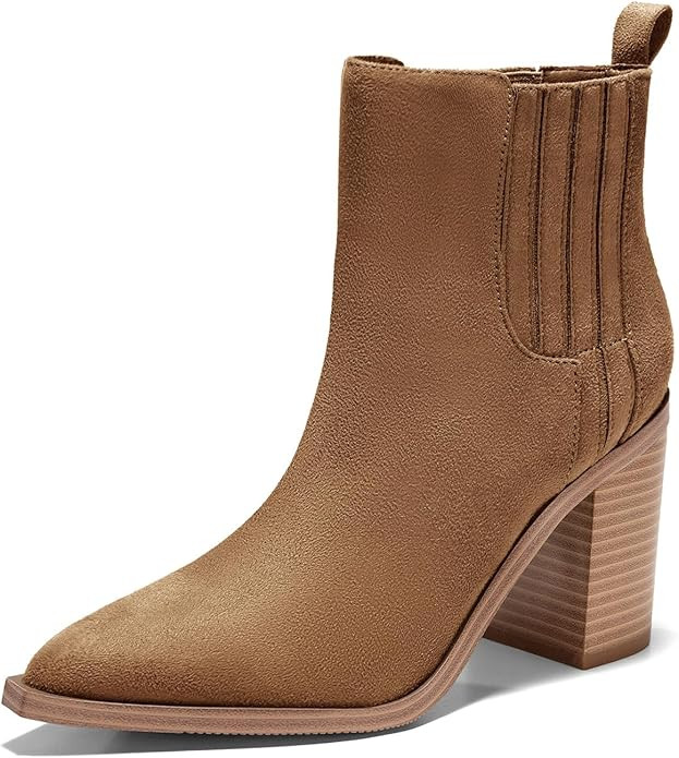 Imily Bela Womens Ankle Boots Pointed Toe Chunky Stacked Mid Heeled Faux Suede Leather Booties | Amazon (US)