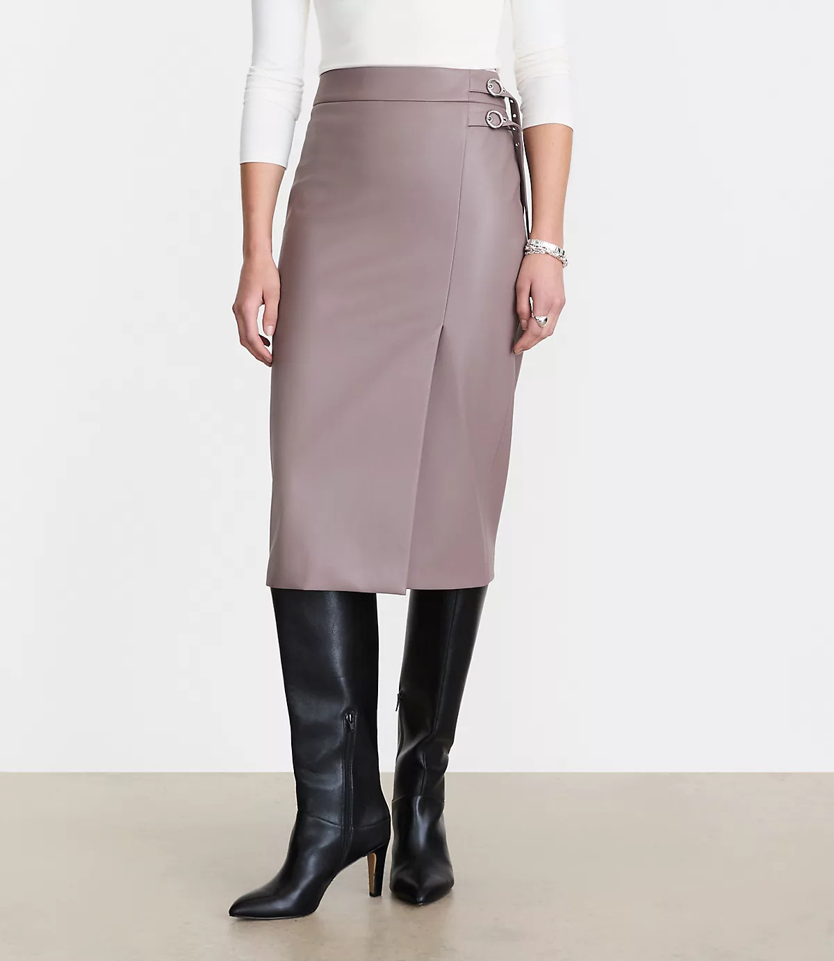 LOFT Versa Faux Leather Buckle Trim Midi Skirt | LOFT