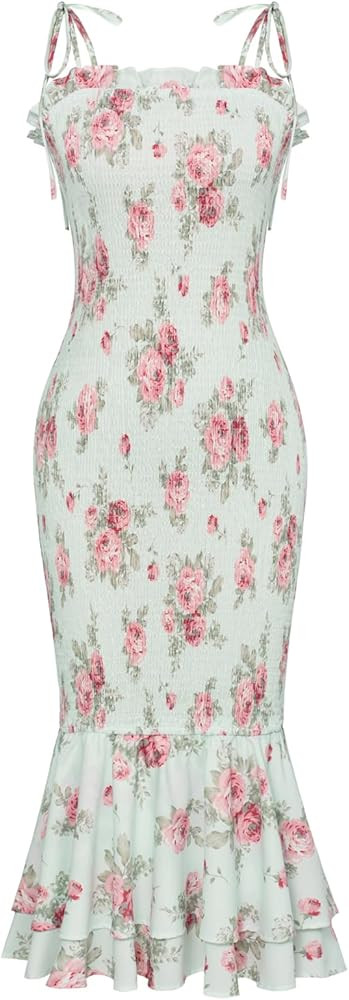 GRACE KARIN Women's 2024 Summer Floral Smocked Sundress Midi Bodycon Sleeveless Ruffle Hem Casual... | Amazon (US)