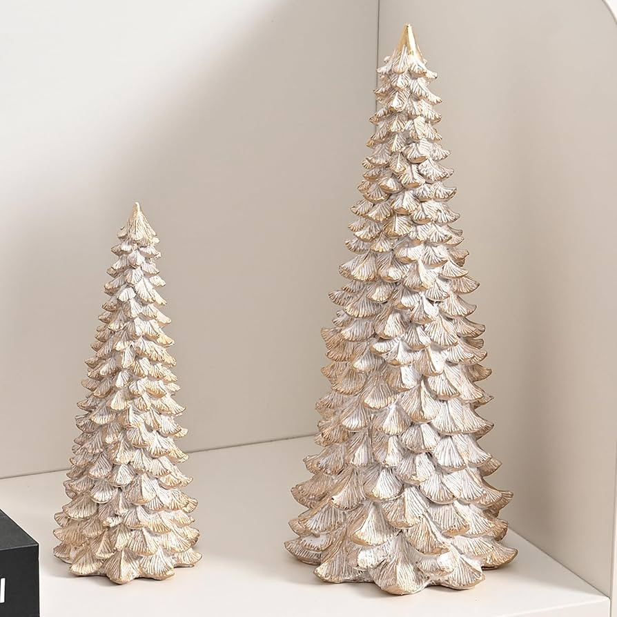Resin Christmas Tree Figurines, 2Pcs Distressed White with Gold Table top Christmas Trees, Small ... | Amazon (US)