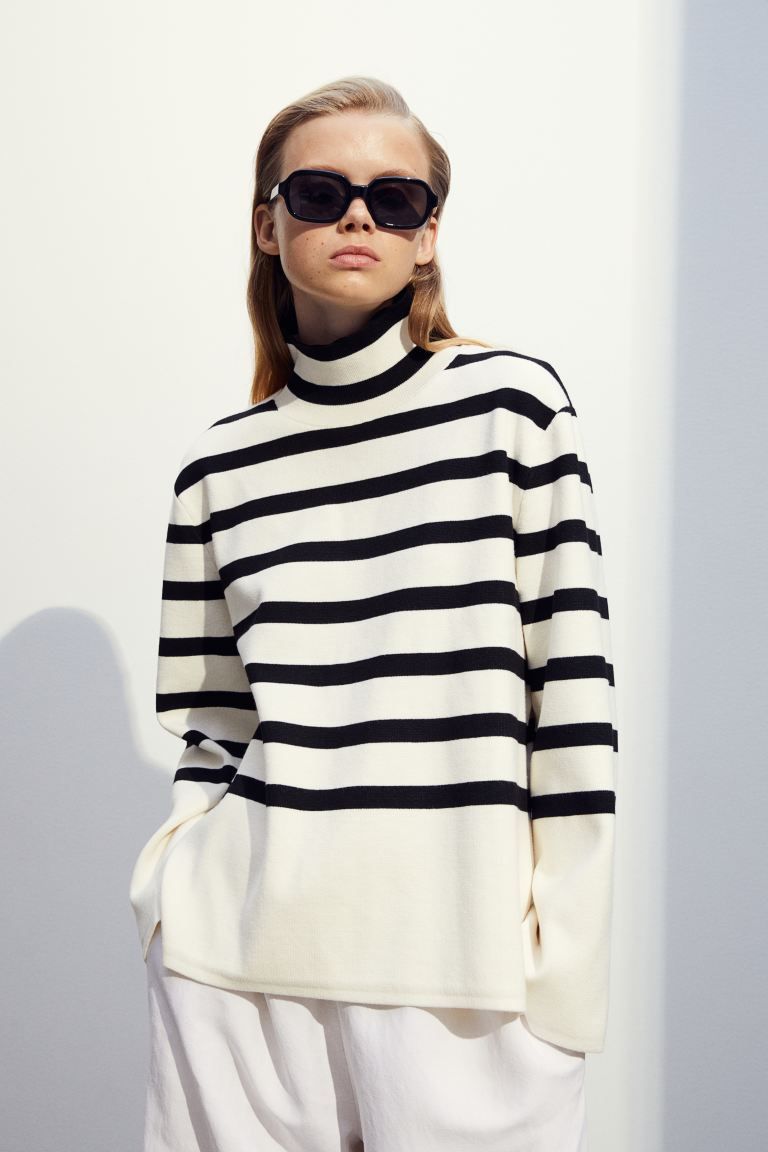 Mock Turtleneck Sweater - Cream/striped - Ladies | H&M US | H&M (US)