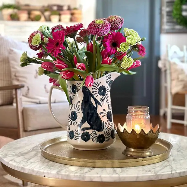 Hand Painted Rabbit And Flowers Pitcher | Antique Farm House