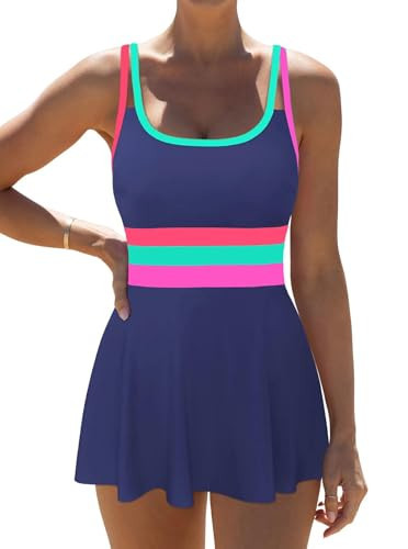 popvil Women One Piece Swimsuit 2026 Tummy Control Bathing Suit Neon Modest Swim Dress with Skirt Full Coverage, Deep Blue,Medium | Amazon (US)