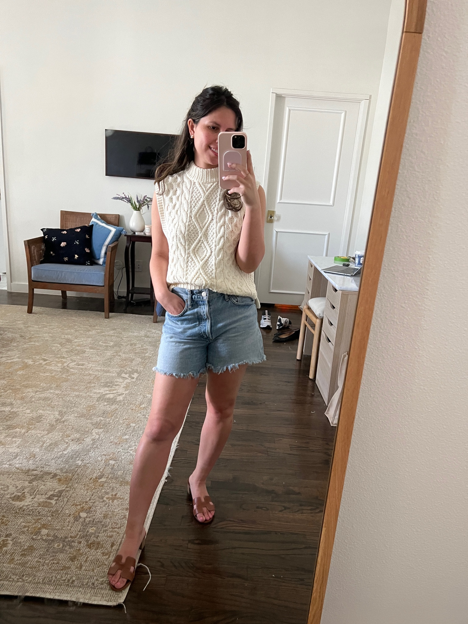 White sleeveless sweater, cable knit, Ralph Lauren sweater, coastal, agolde shorts, Hermes sandals, jeans, Jean shorts 

#LTKshoecrush #LTKstyletip