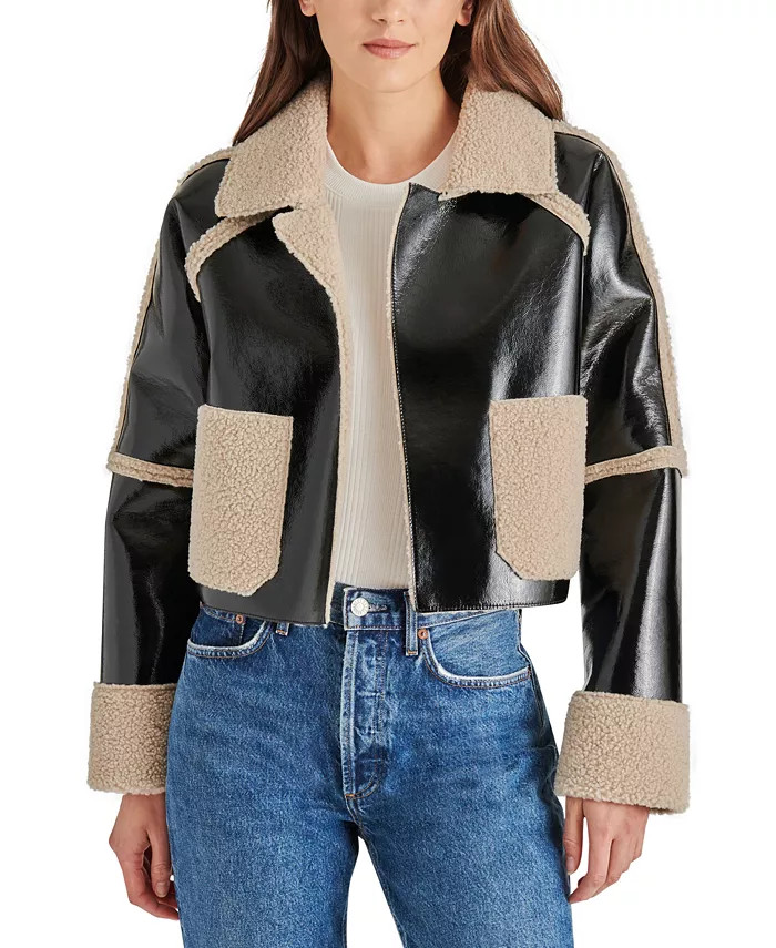 Steve Madden Women's Salma Bonded Faux-Leather Sherpa-Trim Jacket - Macy's | Macy's