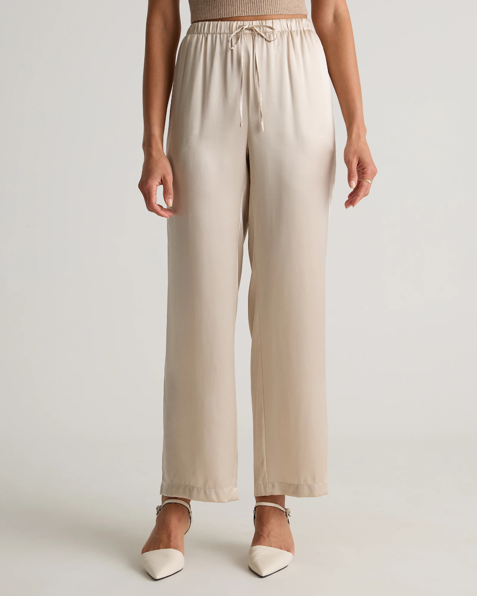 100% Washable Silk Drawstring Wide Leg Pants in Champagne | Quince