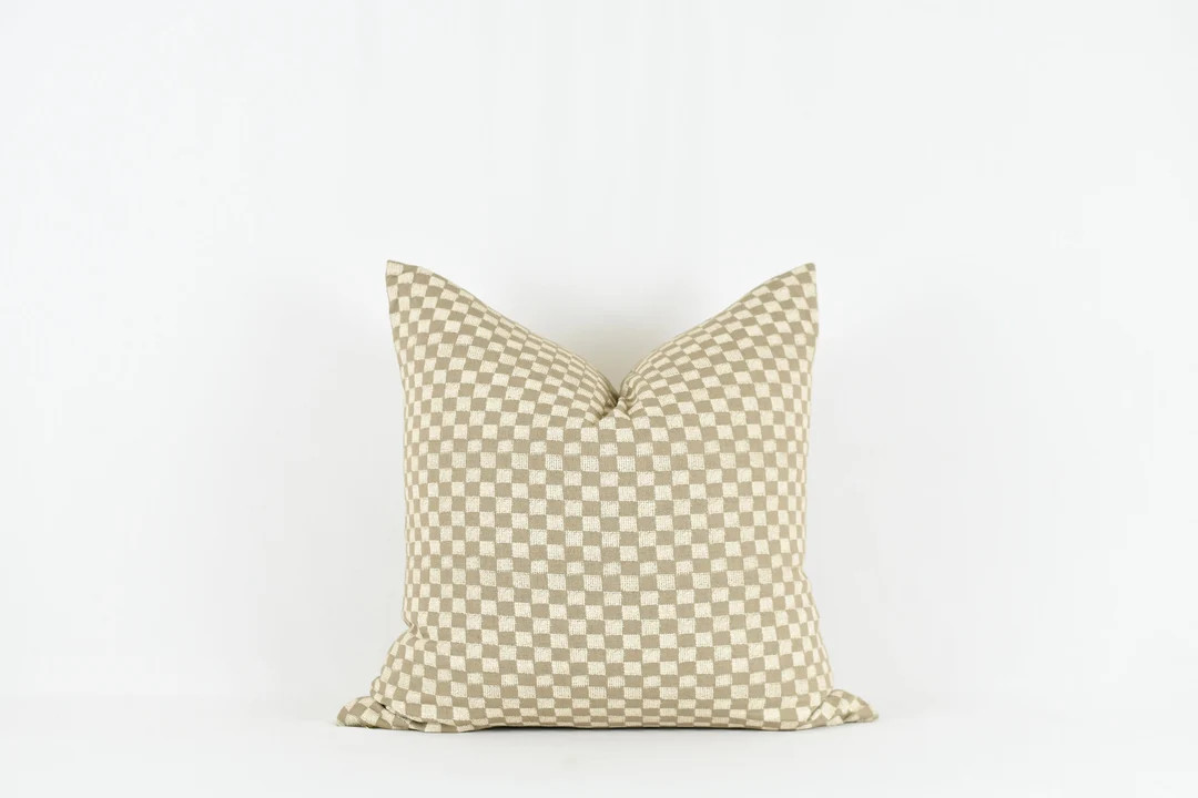 Tatum Brown and Ivory Checkered Printed Cotton Pillow Cover - Etsy | Etsy (US)