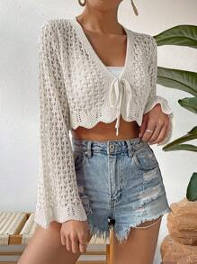 SHEIN VCAY Tie Front Scallop Trim Trumpet Sleeve Cardigan | SHEIN