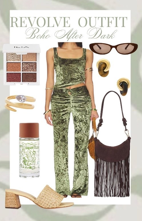 Boho After Dark but make it luxe moss goddess 🌿✨
This crushed velvet olive set is EVERYTHING — the square-neck crop + matching flares feel effortless but elevated. I styled it with sculptural gold earrings, stacked bangles, a fringe shoulder bag, woven heels, and soft bronze glam for that rich, earthy glow.
It’s giving rooftop at sunset, late summer dinners, desert nights energy 🤎
Everything is linked on my LTK 💫 #RevolveStyle #BohoAfterDark #VelvetSet #EarthToneAesthetic #WesternGlam


#LTKgrwm #LTKSpringSale