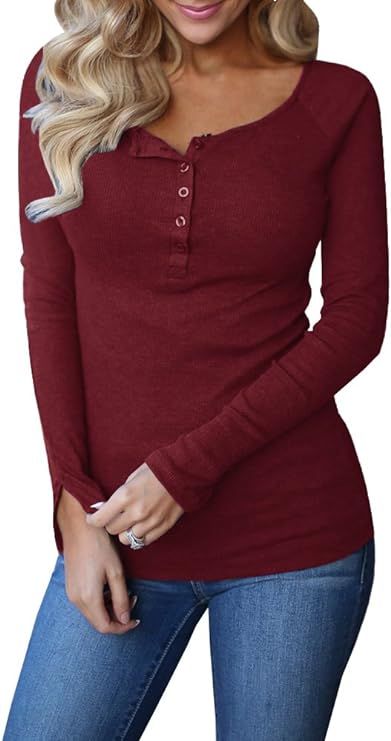 Remikstyt Womens Long Sleeve Henley Shirts Ribbed Button Down Casual Tunic Tops | Amazon (US)