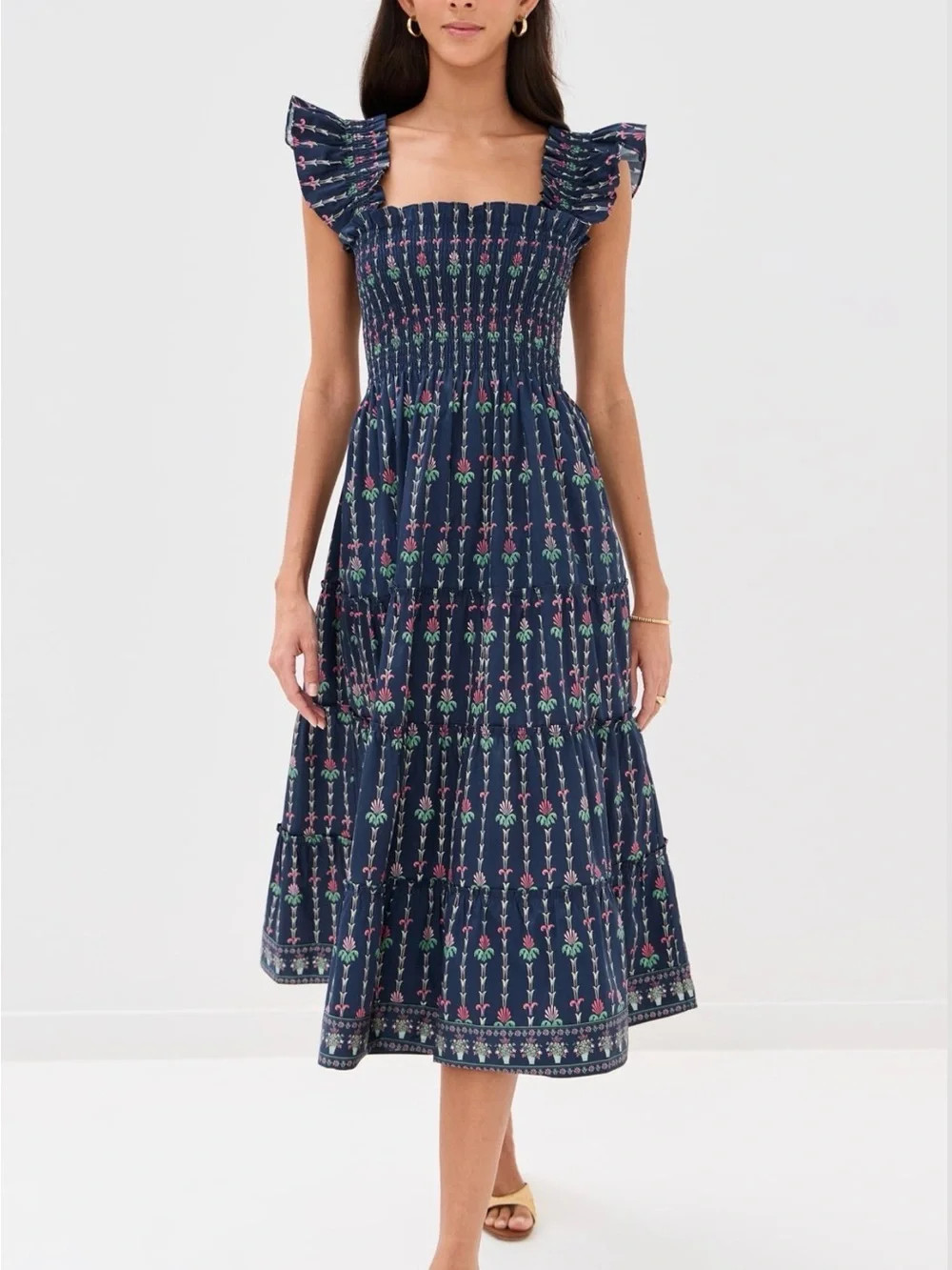 Hill House Navy Floral Tiered Midi Dress with Pink and Green Accents | Poshmark