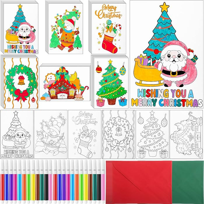 36 Pack Christmas Coloring Postcards with 2 Sets 12 Color Pen Kids Color Your Own Christmas Cards... | Amazon (US)