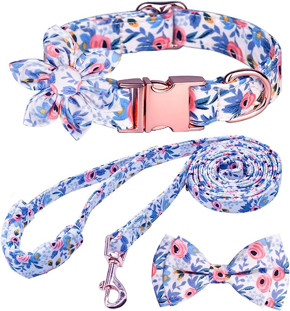 Girl Dog Collar and Leash Sets with Bow Tie,Dog Collar with Detachable Flower with Dog Tag & Stro... | Amazon (US)