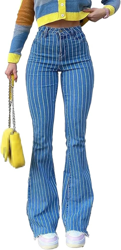 High Waisted Striped Bell Bottom Jeans for Women Stretchy Hem Raw Vintage Wide Leg Flared Denim P... | Amazon (US)