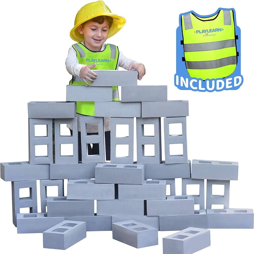 Playlearn 40pc Foam Cinder Blocks for Kids - Children’s Reflective Vest and Storage Bag Include... | Amazon (US)