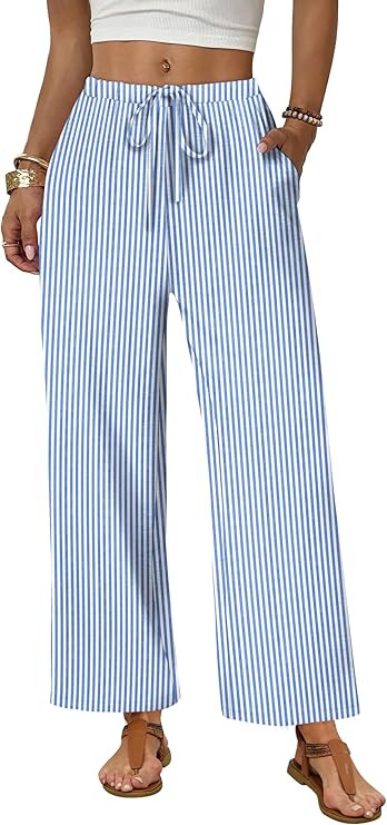 Sampeel Wide Leg Pants Women Casual Palazzo Drawstring Elastic Waist Trousers with Pockets Summer... | Amazon (US)