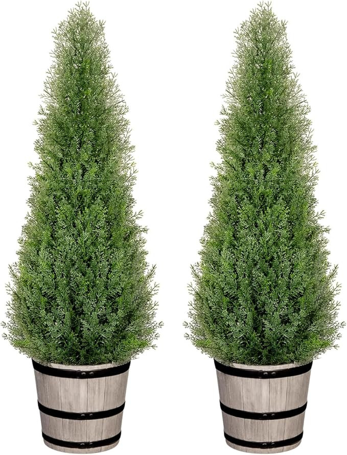 3FT Artificial Cedar Topiary Trees with Rustic Barrel Planter, Outdoor Indoor Realistic Faux Pine... | Amazon (US)