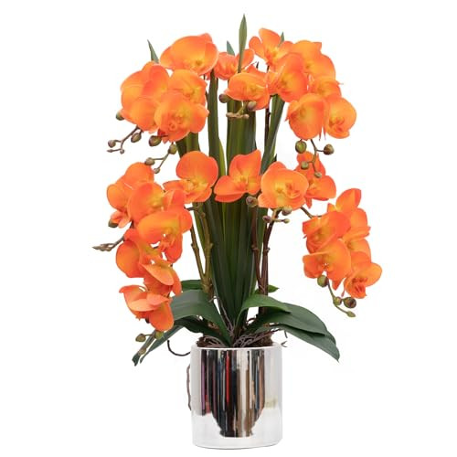 CXGS Artificial Orchid Flower Plants Real Touch Faux Orchids in Ceramic Vase 20.9'' Orange Phalaenopsis Orchid Fake Flower Arrangement Home Indoor Decor | Amazon (US)