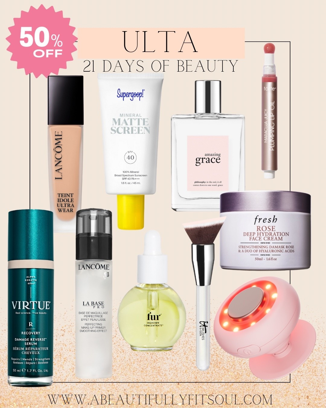 Ulta 21 Days of Beauty Sale. Daily Deals 8/31 50% off! Makeup bag, makeup brushes, makeup favorites, makeup routine, skincare, skin care, skincare routine, perfume, Supergoop, foundation, face sunscreen, hair products, haircare, hair growth, lip oil, lip plumper, primer, 

#LTKSaleAlert #LTKBeauty