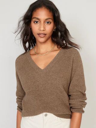 V-Neck Heathered Shaker-Stitch Cocoon Sweater for Women | Old Navy (US)