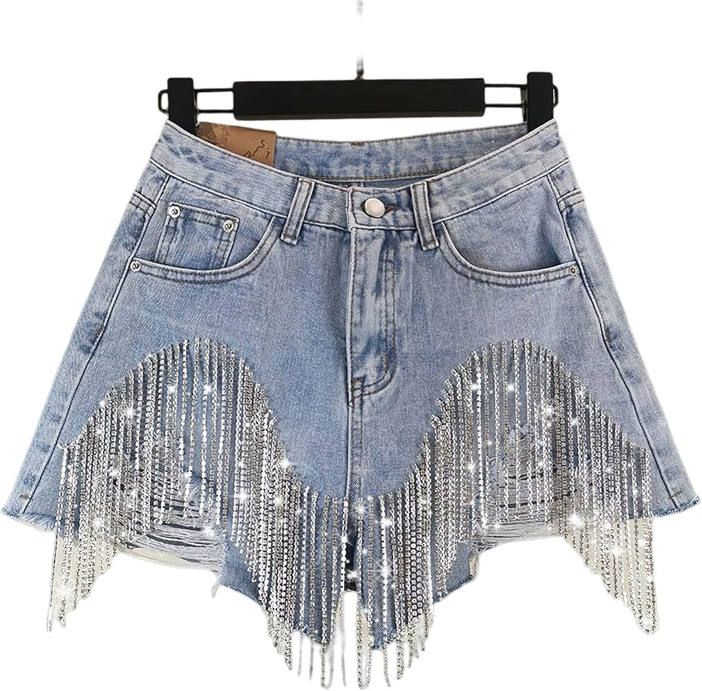 Women's Summer Diamond Tassels Denim Shorts High Waist Ripped Jeans Shorts Rhinestone Fringe with... | Amazon (US)