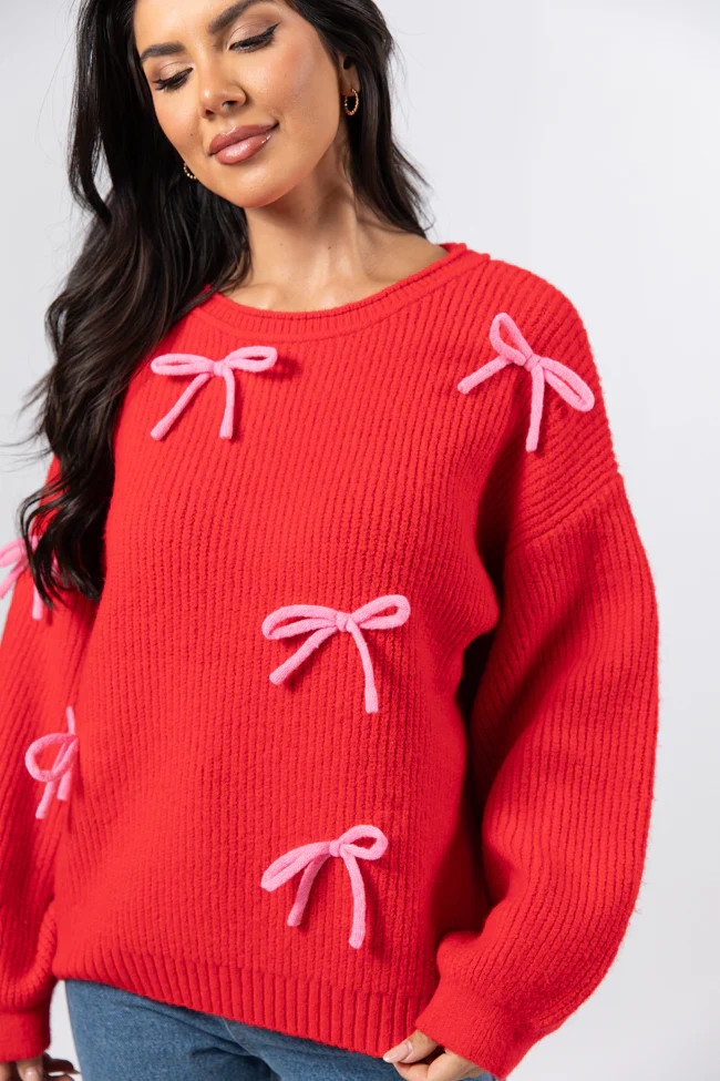 Knot Your Average Bow Red Embroidered Bow Sweater | Pink Lily