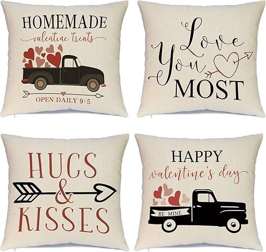 Hlonon Valentines Day Pillow Covers 18 x 18 Inches Set of 4 - Red Heart Truck Decor and Love Arro... | Amazon (US)