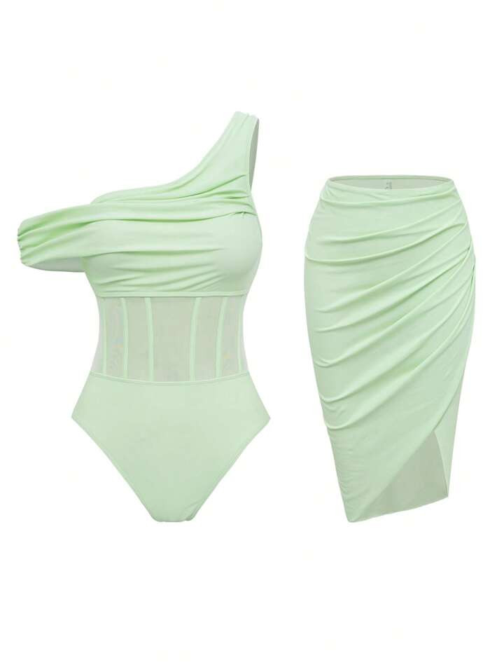 Swim Oasis 2pcs/Set Summer Vacation Sexy Solid Color Elegant Pleated Mesh Patchwork Asymmetrical Neck Diagonal Shoulder Ladies Swimsuit & Asymmetrical Long Skirt | SHEIN