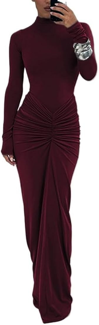 Womens Sexy Dress Maxi Dress Long Sleeve Ruched Bodycon Turtleneck Club Party Dress Long Casual W... | Amazon (US)