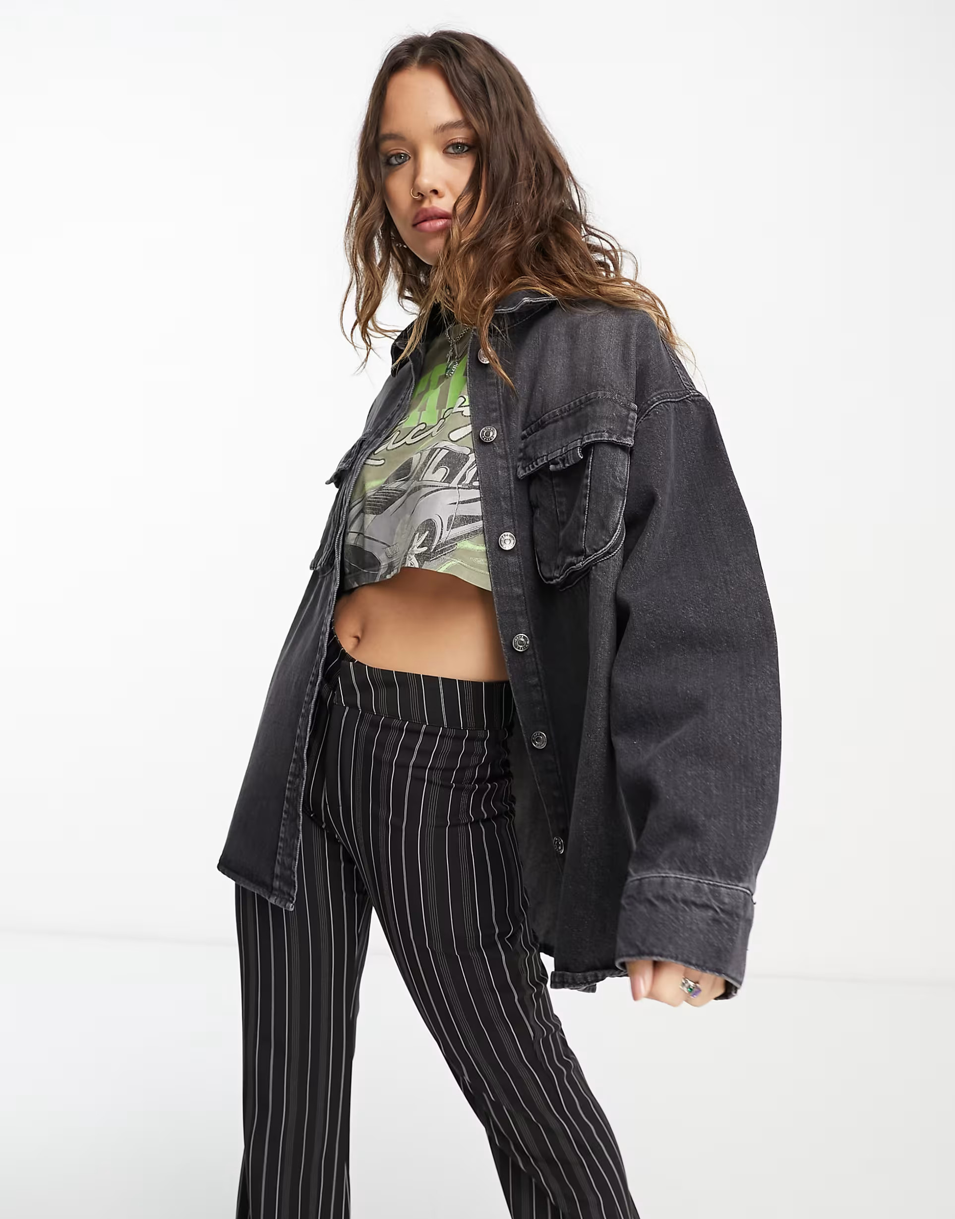 ASOS DESIGN denim cargo pocket shacket in washed black | ASOS (Global)