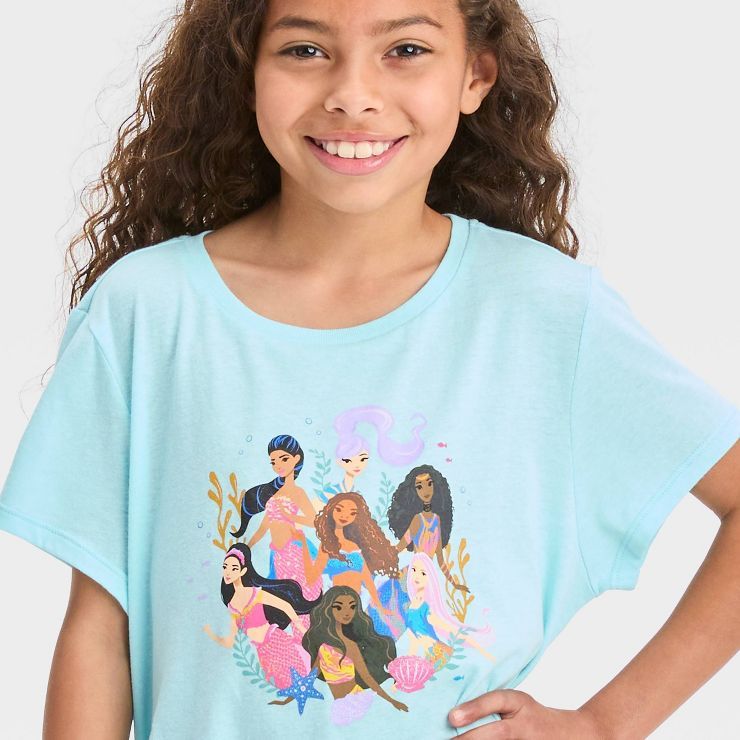 Girls' Disney The Little Mermaid Sisters Side Cinch Short Sleeve Graphic T-Shirt - Turquoise Blue | Target