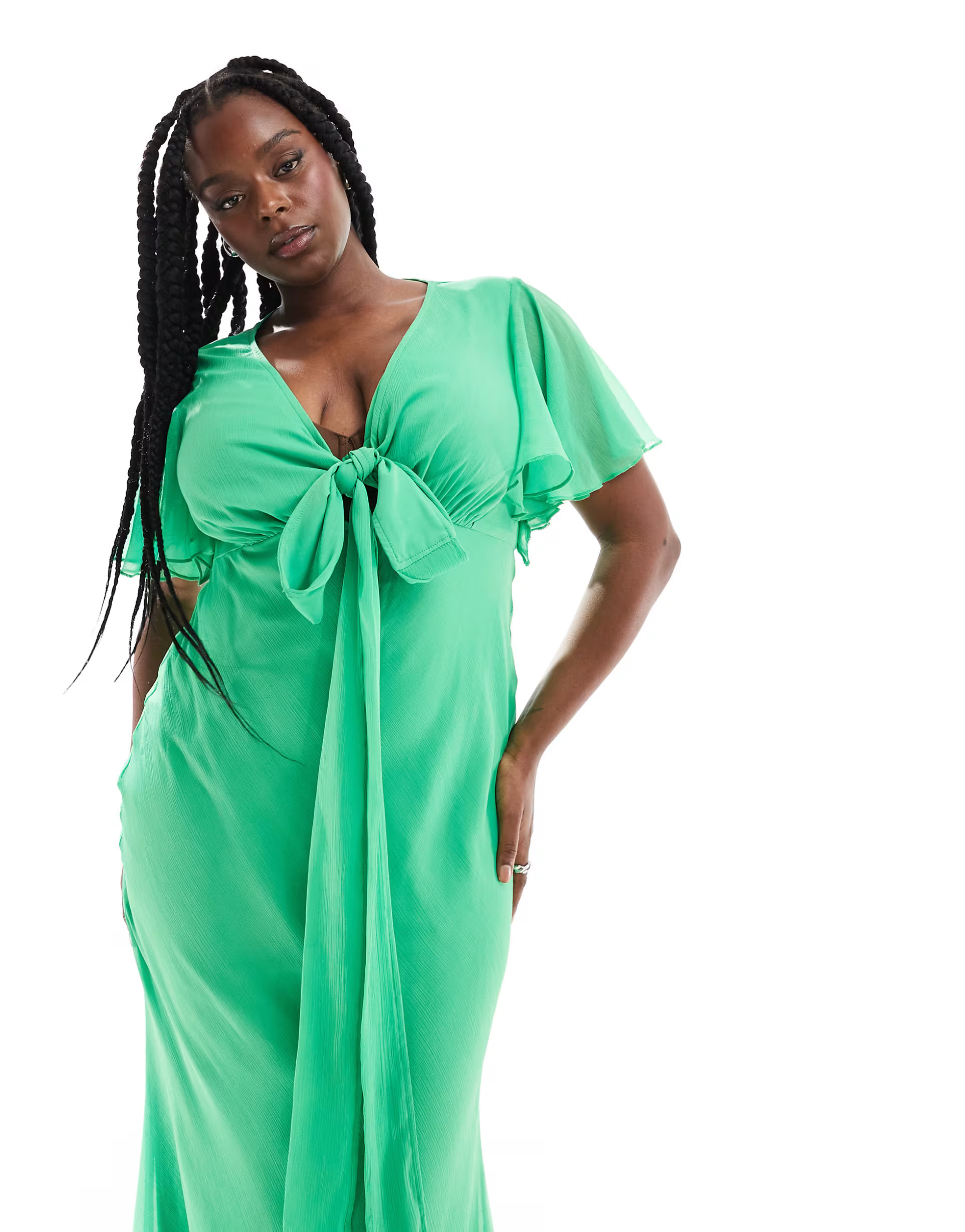 ASOS DESIGN Curve exclusive flutter sleeve midi dress with wrap waist detail in green | ASOS (Global)