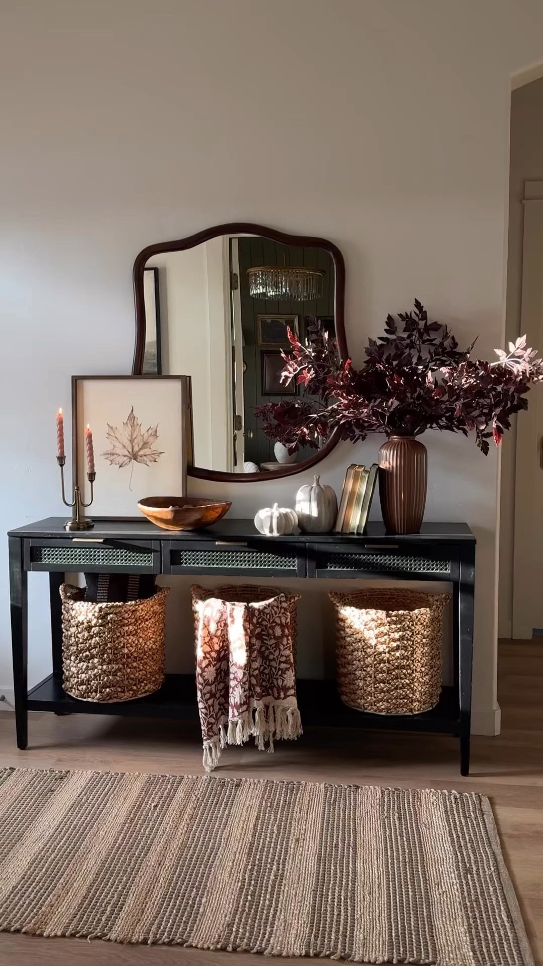 Fall home decor, dry gourds, faux fall tree, fall stems, burgundy,  faux stems, Kantha quilt, vintage vibes, autumn home decor